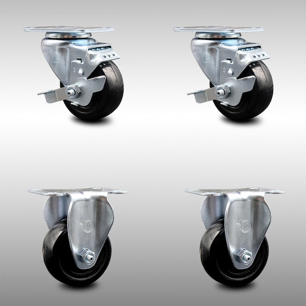 3 Inch SS Hard Rubber Wheel Swivel Top Plate Caster Set with 2 Brake 2 Rigid SCC